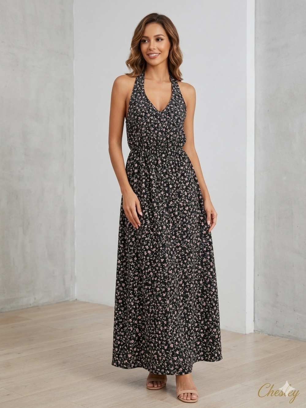 Vintage Chesley Y2K Floral Halter Maxi Dress - Black/Pink Floral - Size M/L